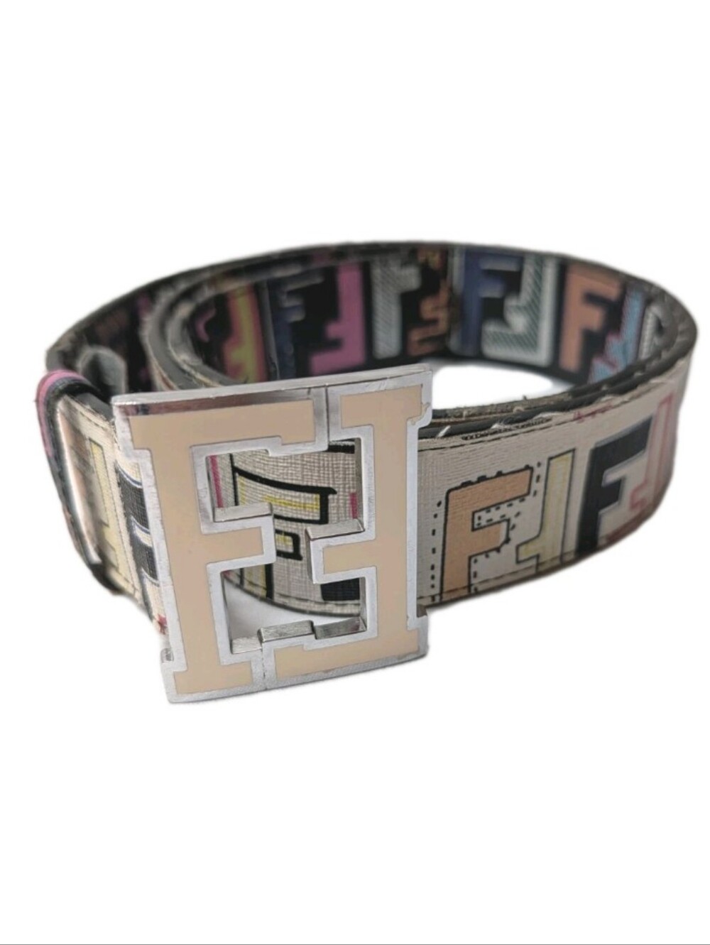 Fendi FF Leather Belt Multicolor Monogram Logo Men Size 46 / 115 Italy